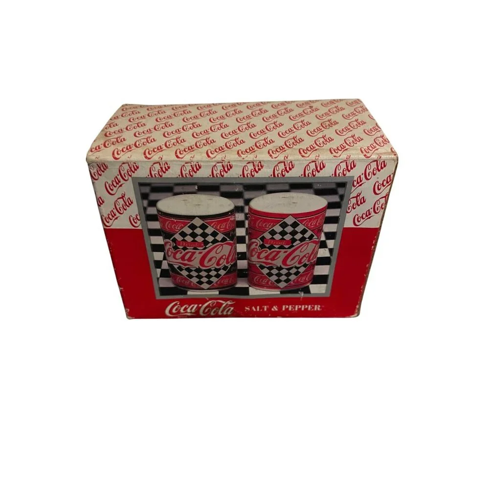 Coca-Cola Salt & Pepper Shaker Set Classic Racing Design Checkerboard Pattern - Picture 8 of 11